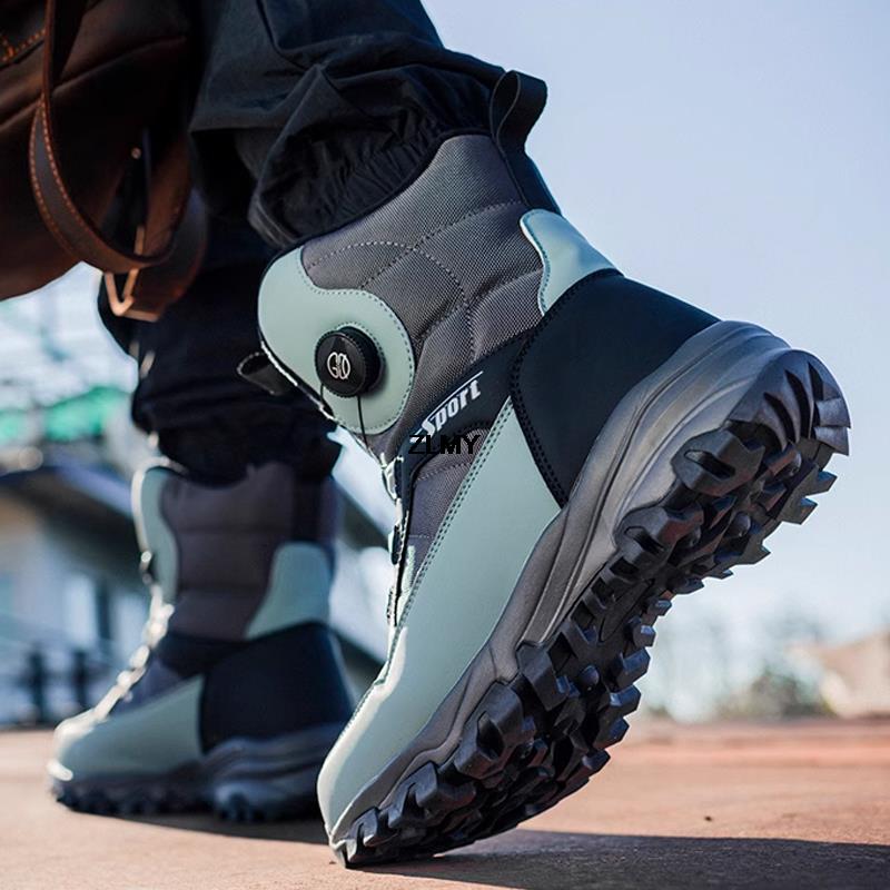 Теплые мужские зимние ботинки, непромокаемые уличные зимние зимние ботинки, мужская обувь с высоким берцем из плюша и хлопка с повернутой пуговицей, мужская зимняя походная обувь