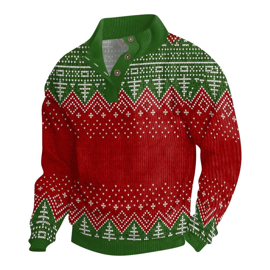 Мужская рождественская хлопковая рубашка-пуловер с длинным рукавом для активного отдыха, винтажная вельветовая рубашка с воротником-стойкой и пуговицами, повседневная толстовка с рождественским принтом