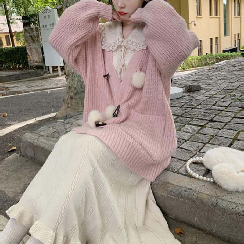 Кавайный свитер, кардиган, женский японский модный свитер с v-образным вырезом и плюшевыми пуговицами, милый свободный вязаный свитер с длинными рукавами, зимний розовый топ