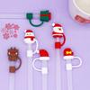 6pcs Christmas Straw Cover Cap Santa Snowman Elk Silicone Straws Topper Dustproof Decor Drinking Dust Cap Xmas Party Accessories