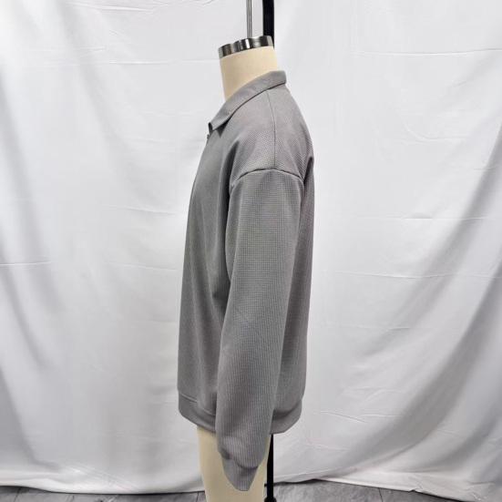 Мужской свитшот, вафельная текстура, длинный рукав, молния до середины, классический отложной воротник, пуловер, однотонный, свободный крой, повседневный спортивный топ