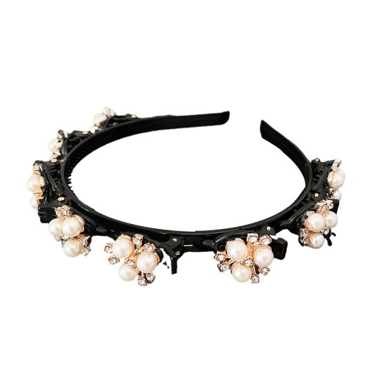 Shining Rhinestone Faux Pearls Flower Decor Women Headband Non-slip Elastic Double Layer Bangs Clips Hair Hoop Hair Accessories