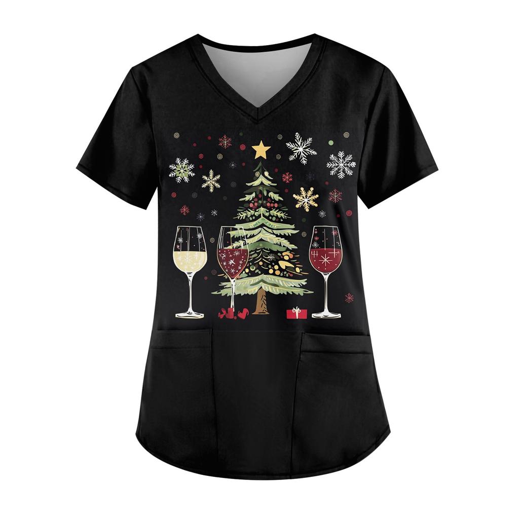 Женская мода V-образный вырез короткий рукав рабочая одежда с карманом рождественский принт топ