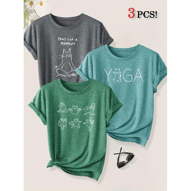 3 Pack Yoga Master Cat Fun Animal Print Women Loose Short Sleeve T Shirts Summer Autumn Leisure Fashion Tops