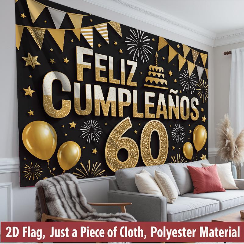 Happy 60th Birthday, 1pc Polyester Party Backdrop Banner, Photo Booth Background, Wall Decor