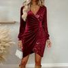 Женское бархатное мини-платье с запахом и пайетками, с длинным рукавом, V-образным вырезом, драпировкой, облегающее фигуру, блестящее, для вечеринки, коктейля, клуба