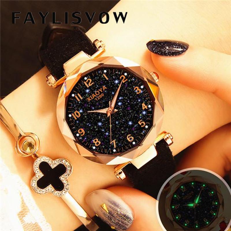 Women Luxury Watch Personality Romantic Luminous Starry Sky Wristwatch Leather Rhinestone Watch