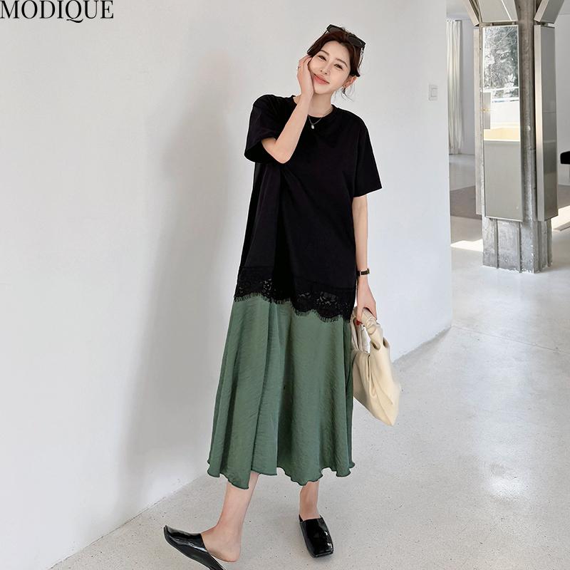 MODIQUE Summer Plus Size New Women Loose Elegant Printing Lace Pleated Patchwork Long Dress Female Casual Short Sleeve O-Neck Dresses