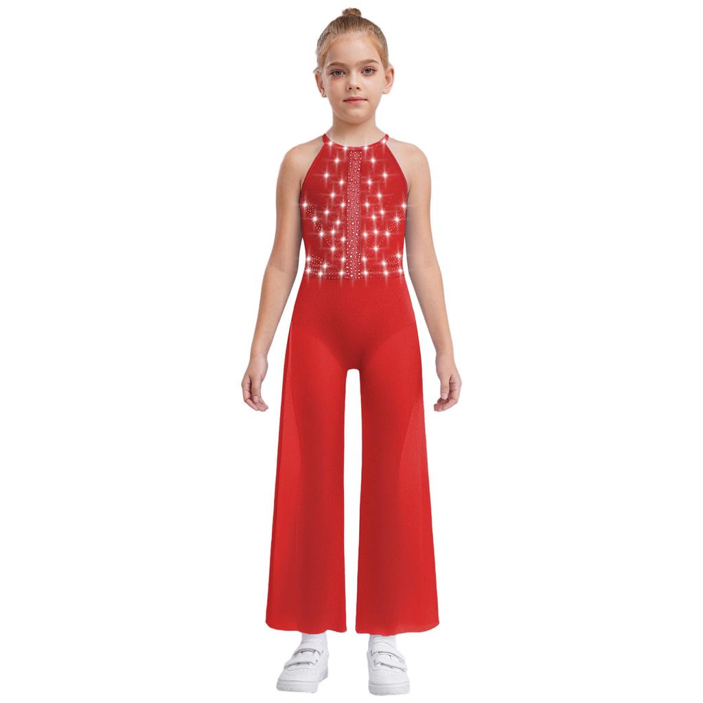 Боди для танцев со стразами для девочек - Блестящий комбинезон без рукавов с вырезом-капелькой на спине и разрезами по бокам, со встроенными трусиками для выступлений