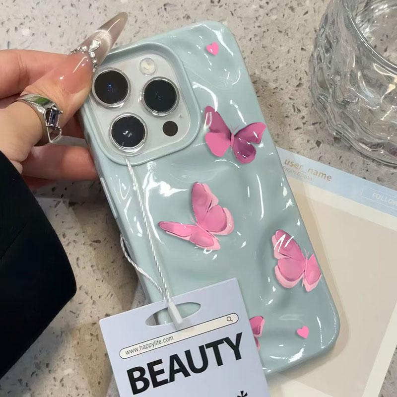 Advanced Pink Butterfly Phone Case for iPhone 17 16 15 14 13 11 12 Pro Max Plus 17 Air Folds Texture Shockproof Soft Cover