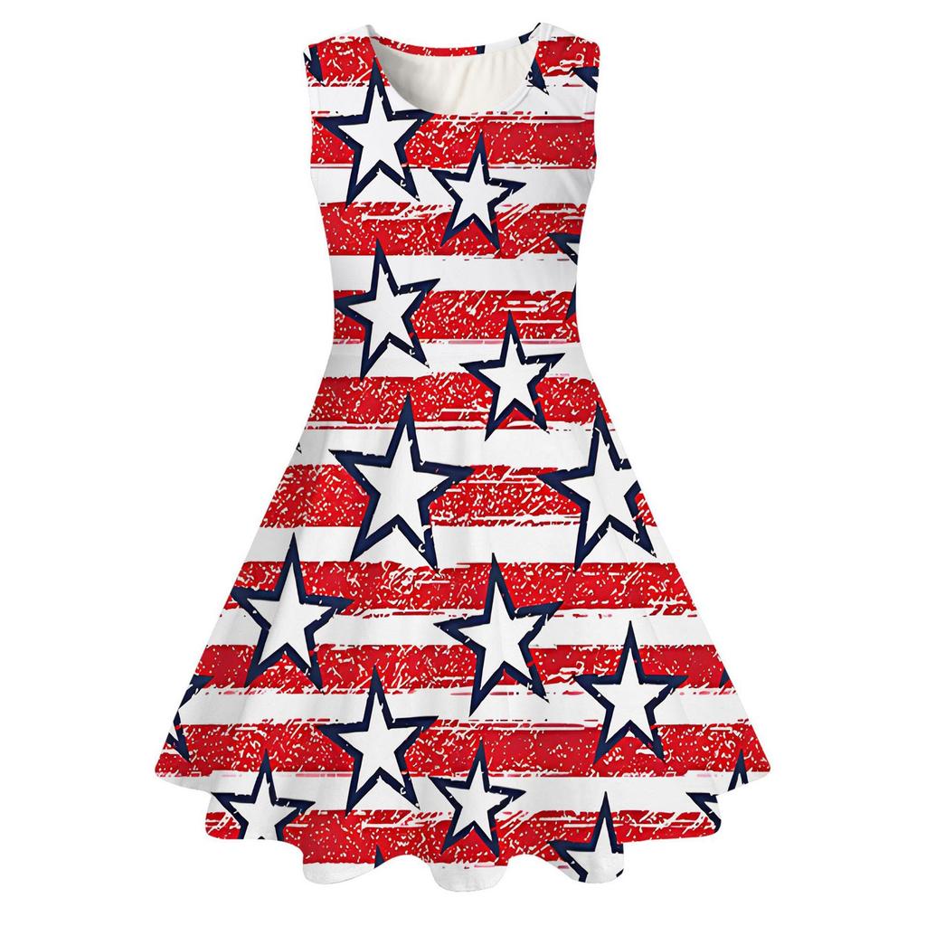 Summer Casual Loose Print Sweet Girl Sleeveless Princess Independence Day Dress