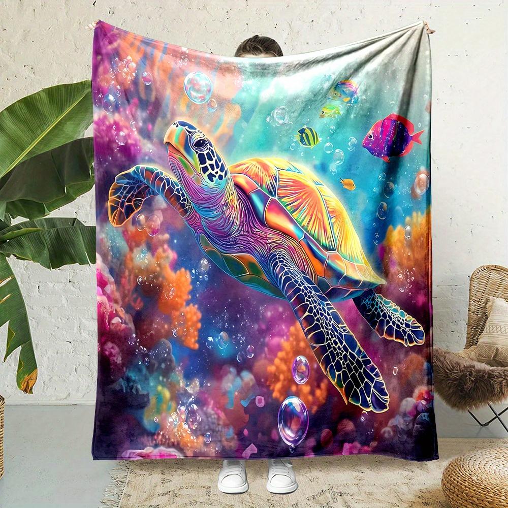 Turtle Fish Print Flannel Throw Blanket - Reversible All-Season Soft Polyester for Home, Office & Gift