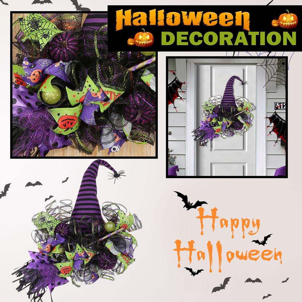 Halloween Witch Wreaths For Front Door, Purple Halloween Wreath With Witch Hat Mesh Decor, Halloween Decorations For Home Indoor Outdoor Party