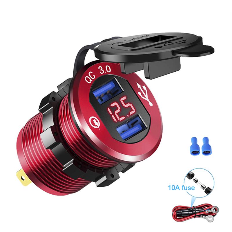 Автомобильное зарядное устройство Quick Charge 3.0 с двумя USB-портами, розетка для быстрой зарядки, алюминиевая розетка со светодиодным вольтметром для автомобильной лодки 12 В 24 В