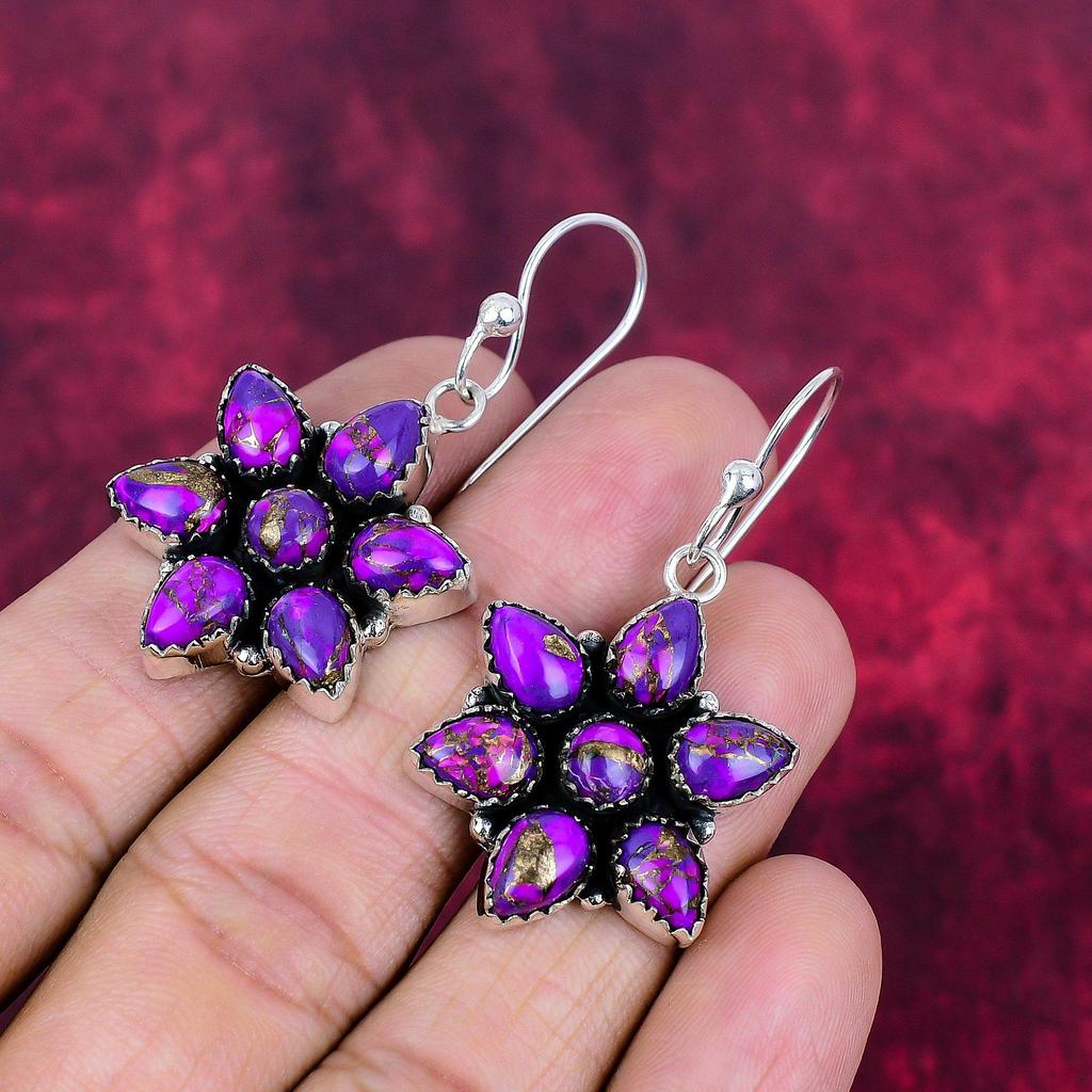 Серьги из фиолетовой меди и бирюзы, ювелирные изделия из цельного серебра 925 пробы, серьги с драгоценными камнями, подарок для нее, изящные ювелирные изделия ручной работы