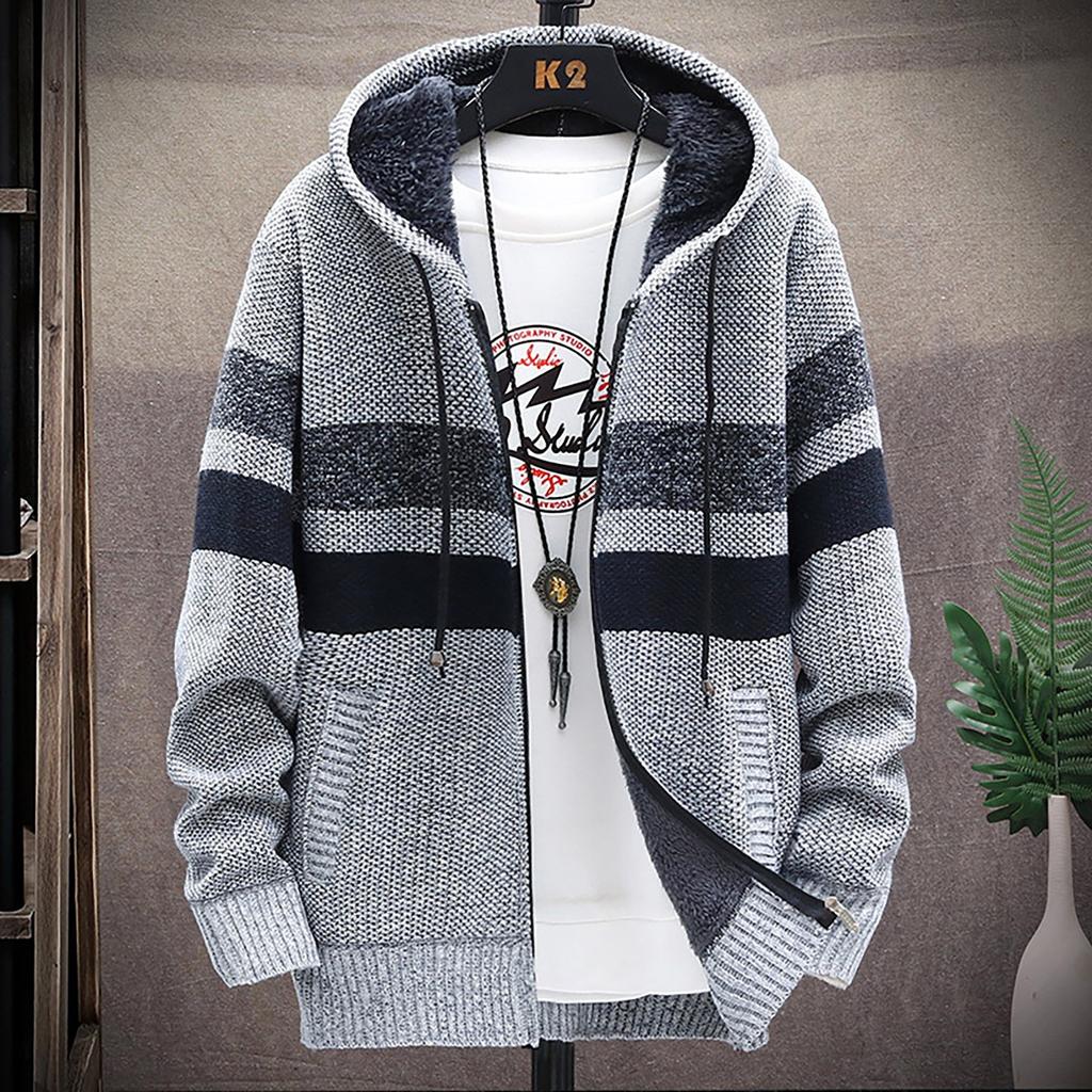 Men's Fall And Winter Casual Sweater Jacket Warm Knit Sweater Hooded Hoodie