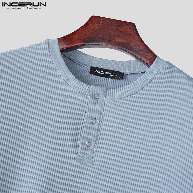 INCERUN Мужские повседневные облегающие топы с круглым вырезом и длинным рукавом в рубчик, футболки, майки