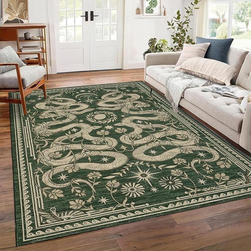 Chinese Dragon Carpet Mat Rug Green Gold Pattern with Floral Star Design Vintage Living Room Soft Floor Mat for Home Decoration