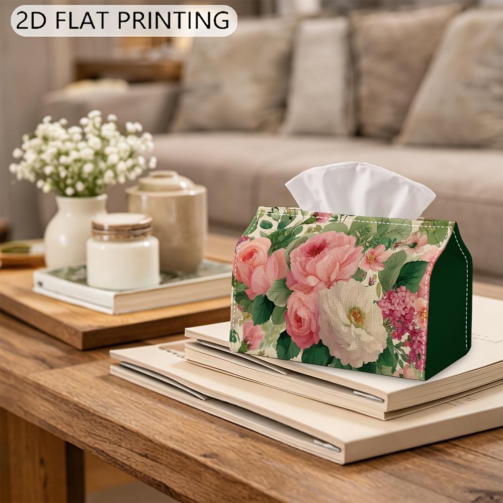 2D Flat,1pc Vintage Pink Rose Print Tissue Box Cover, Watercolor Floral Design with Large Peonies and Hydrangeas Decorative Tissue Holder, Romantic Co