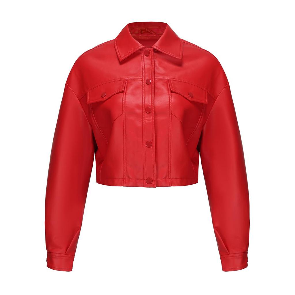Women’s Jackets Faux Leather Long Sleeves Single Breasted Crop Top Punk Jacket Short Motorcycle Coat Fashion Out Wear