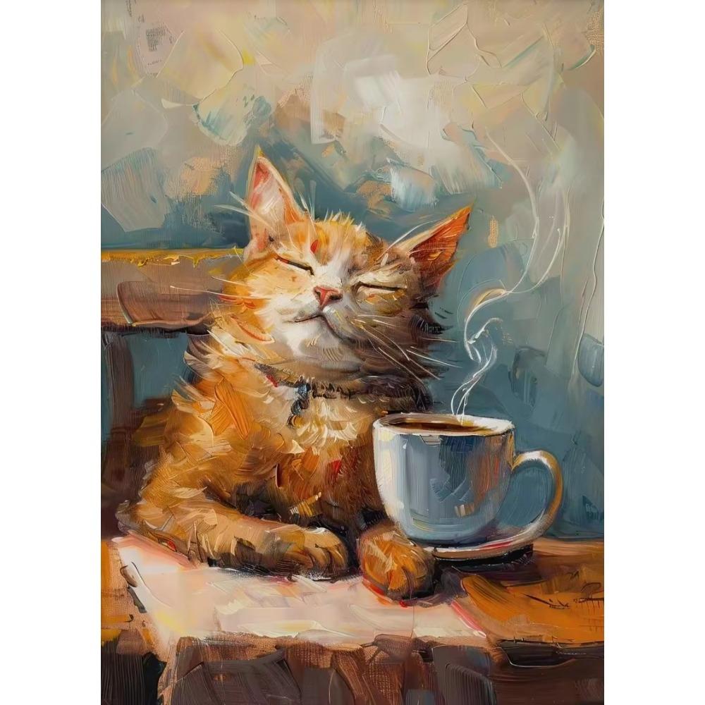 Orange Cat Lying Sunflower Poster Cute Cats Drink Coffee Canvas Painting Wall Art Picture for Living Room Home  Mural