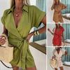 Women Summer Romper Lapel Deep V Neck Lace-up Tight Waist Short Sleeves Pure Color Vacation Style