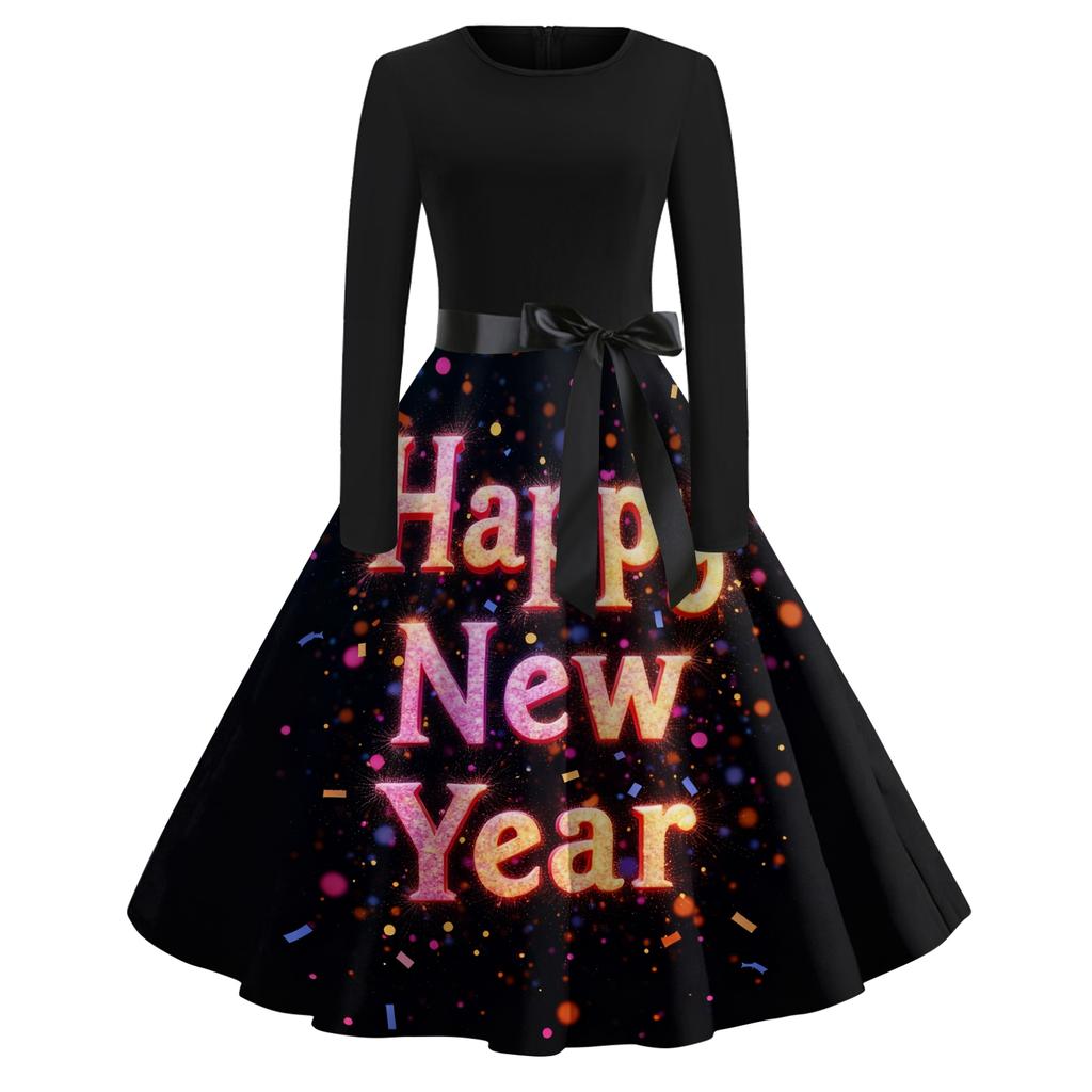 Женское повседневное модное платье с круглым вырезом и длинным рукавом с новогодним принтом в ретро-стиле