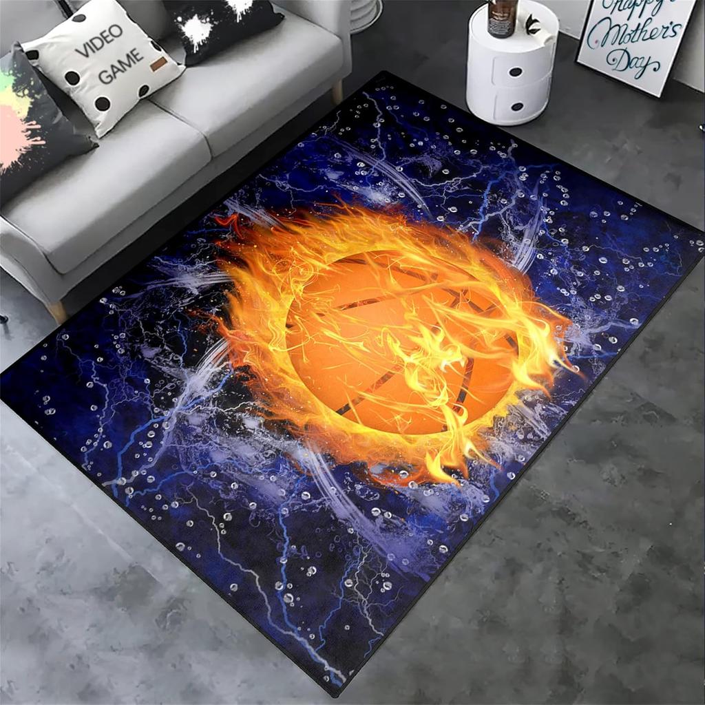 Flame Print Basketball Rug for Boys Bedroom and Playroom, Non-Slip Sports Carpet, Living Room Decor