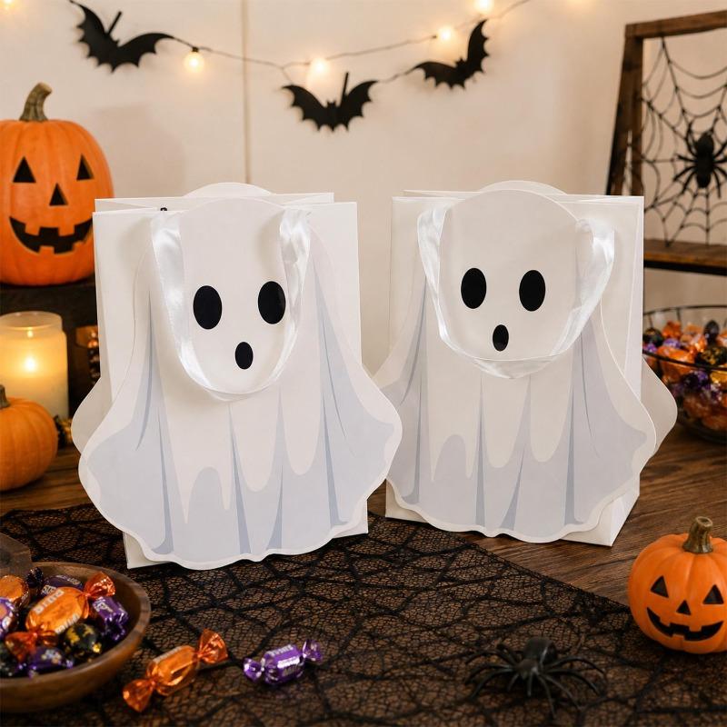 Halloween Ghost Candy Bags Trick or Treat Paper Gift Bag with Handle Kids Party Favors Packaging Storage Handbags Holiday Decor