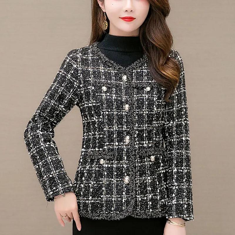 Винтажные однобортные клетчатые куртки с v-образным вырезом, женские весенне-осенние твидовые верхняя одежда больших размеров, корейская мода, повседневное пальто, уличная одежда
