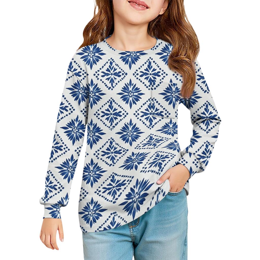 Girls' Long Sleeve Blouse - Round Neck Soft Waist Tunic