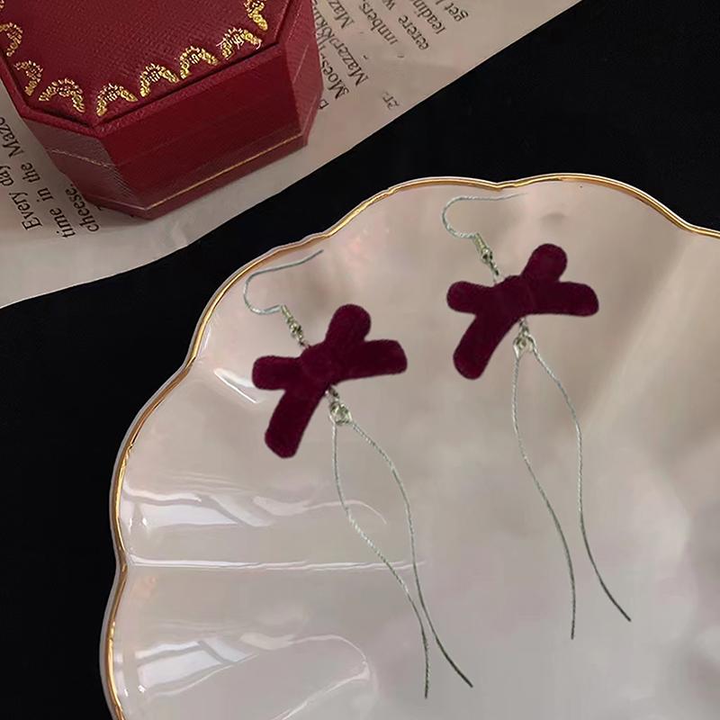 Серьги-бантики из красной флокированной ткани, темпераментные серьги с длинными бахромой в виде сладких цветов