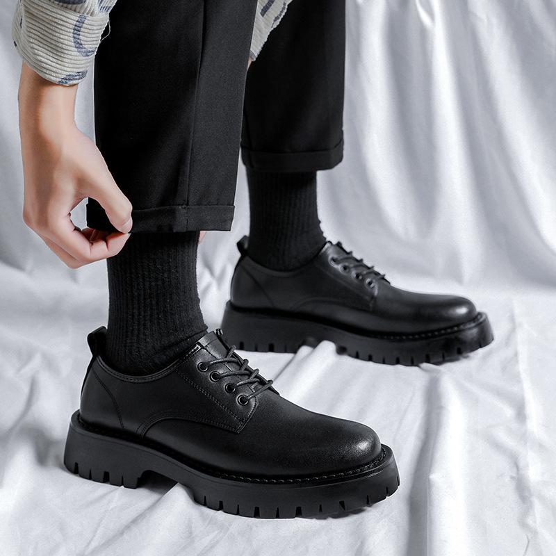 Весенние и осенние черные мужские туфли, универсальные трендовые мужские туфли на платформе, повседневные маленькие кожаные туфли 68303-R