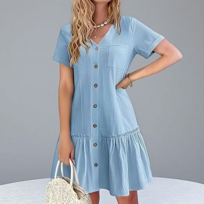 Женское миди-платье с V-образным вырезом, на пуговицах спереди, с оборками по подолу, с короткими рукавами, повседневное платье
