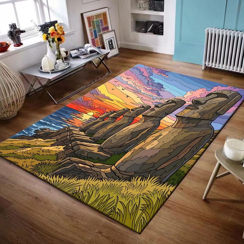 Easter Island Moai Sunset Art Rug Non-slip rug suitable for living room and bedroom sofas