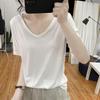 Летняя женская футболка с V-образным вырезом, с коротким рукавом, однотонная, повседневная, свободного кроя - корейский стиль