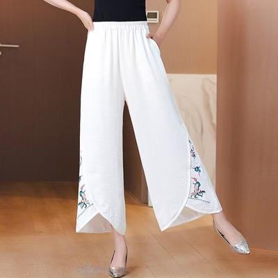 Вышитые Свободные Ретро Укороченные Брюки Летние Новые Брюки с Высокой Посадкой Свободного Широкого Кроя для Женщин
