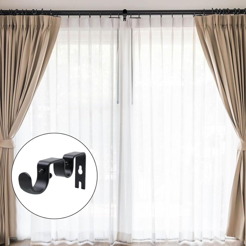 Double Curtain Rod Bracket 2 Pack Metal Curtain Rod Hooks for Wall,Sturdy Curtain Rod Bracket with Screws,Black Wall Mounted Curtain Rod Holders for