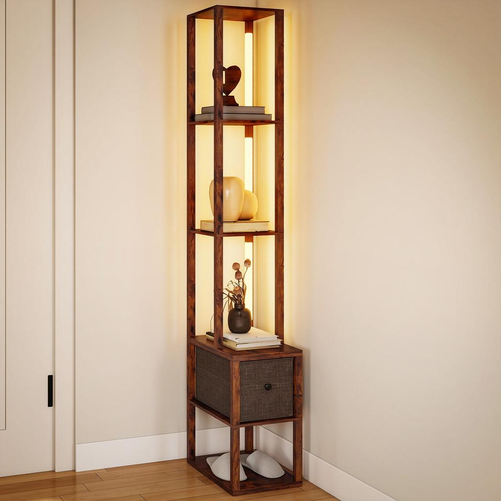 Floor Lamp with Shelves, LED Column Modern Standing Lamp with Fabric Drawer, Adjustable Brightness, Foot Switch for Living Room, Bedroom, Office