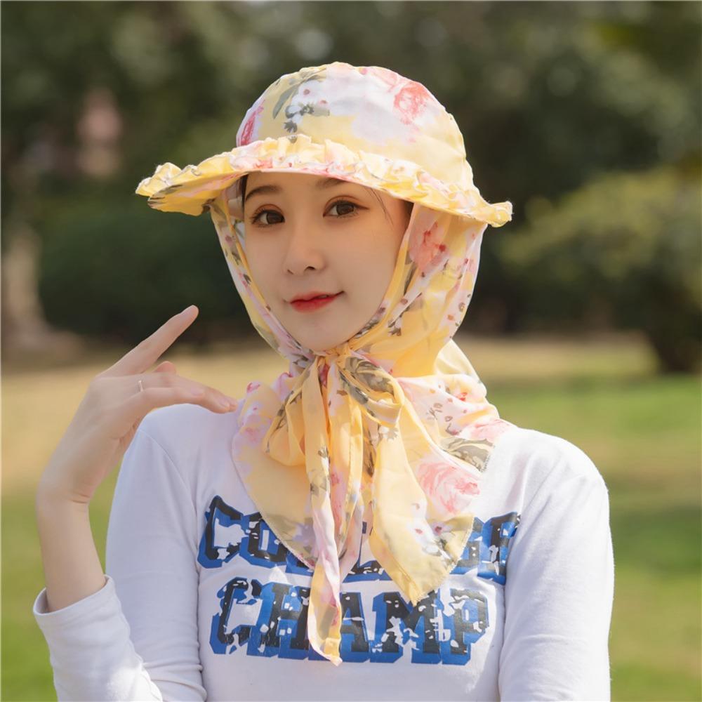 Printing Tea Picking Hat UV Protection Sun Protection Sunshade Shawl Cap Wide Brim Face Mask Neck Protection Hat Summer