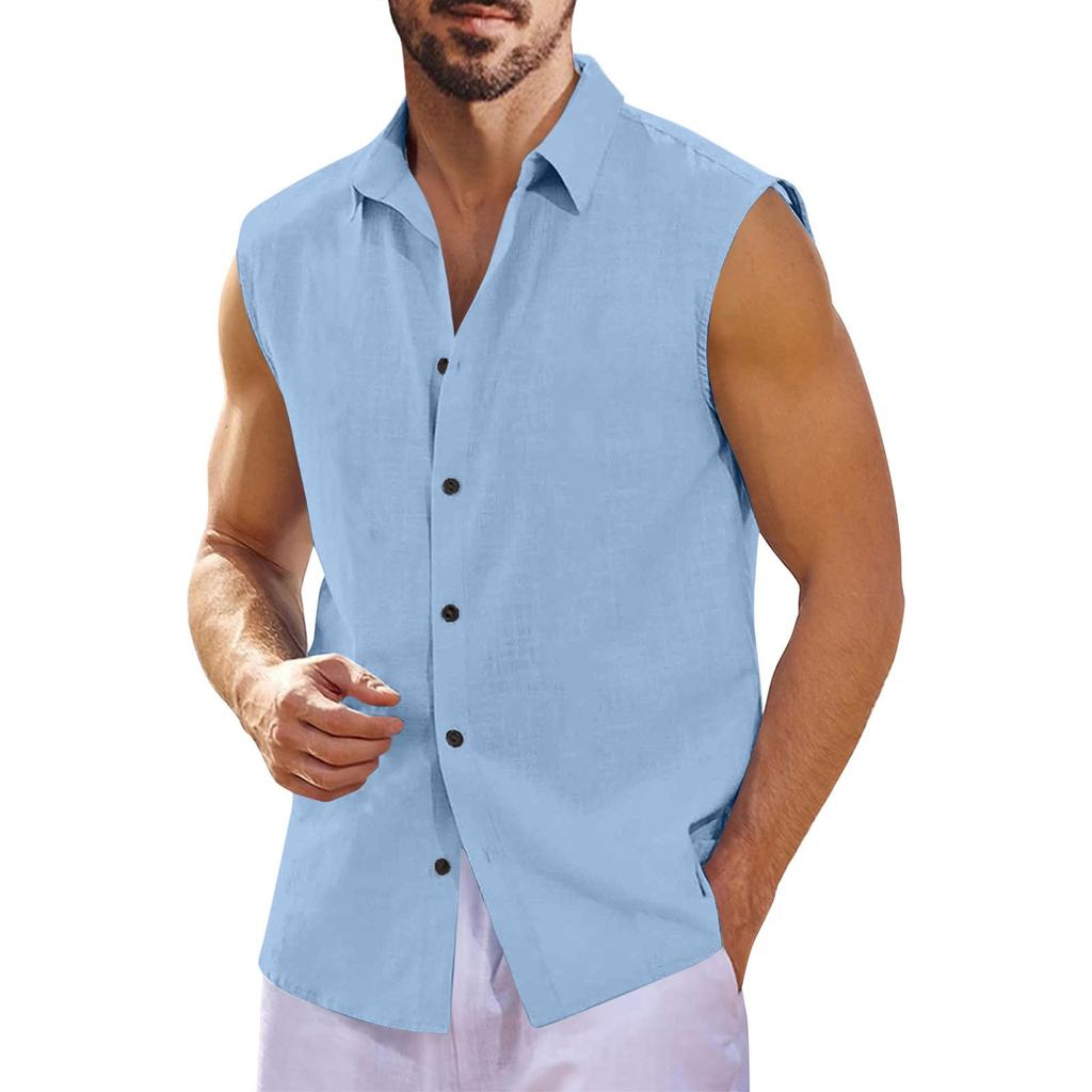 Мужская летняя гавайская однотонная рубашка без рукавов на пуговицах