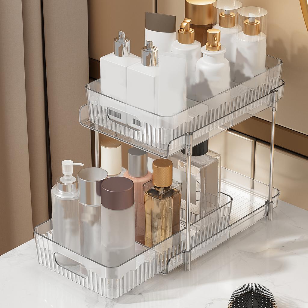 Double Layer Cosmetic Organizer Shelf Multifunctional Plastic Bathroom Shelf Pull Out Cabinet Storage Kitchen Organizer