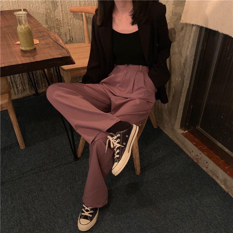 Stylish High-waist Suit Pants In Solid Colors For Casual Wide-leg Comfort