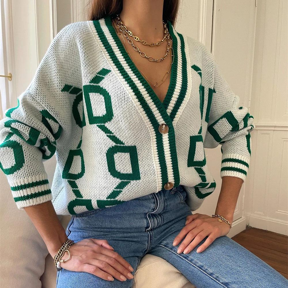 Women Autumn Winter Vintage Loose Long Sleeve Top Multicolor Cardigan Knitwear V-Neck Single Breasted Buckle Sweater Jacket