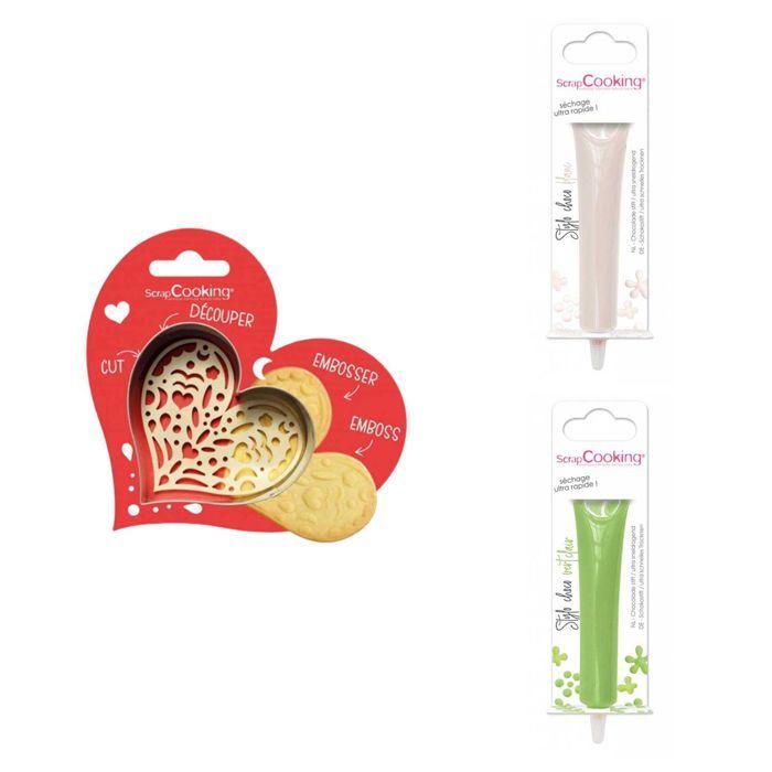Kit pour biscuit en relief Coeur + 2 Stylos au chocolat blanc et vert clair