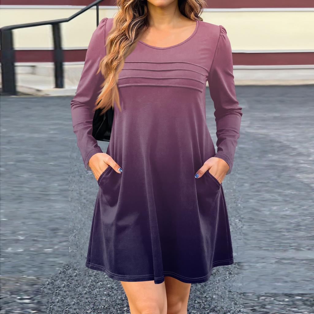 Женское платье с длинным рукавом, осеннее повседневное, футболка, свободного кроя, с плиссировкой спереди, платья с карманами