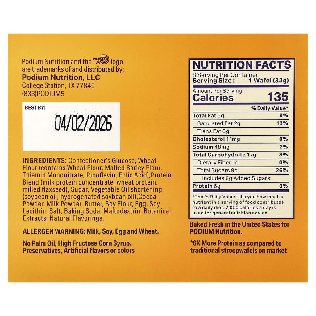 Podium Nutrition, Protein Stroopwafels, Chocolate Brownie, 8 Waffles, 33g (1.16oz) Each