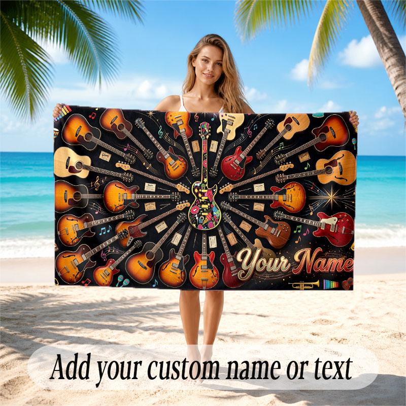 Music Guitar Theme Beach Towel Personalized Custom Name & Text Soft Quick Dry Beach Towel for Swimming Travel