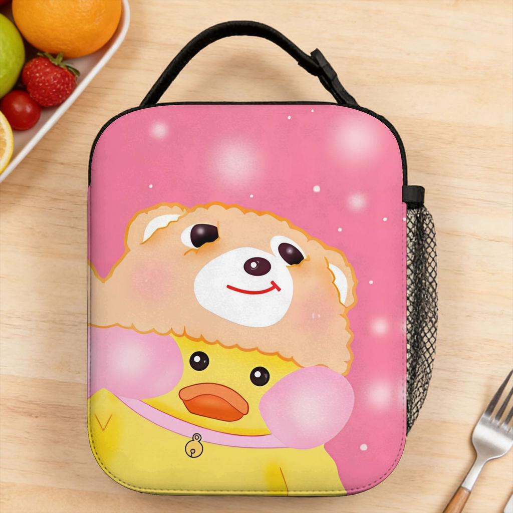 Cute Yellow Duck With Bear Hat On Pink Background Lunch Bag For Women School Print Lunch Box Waterproof Thermal Tote Handbags