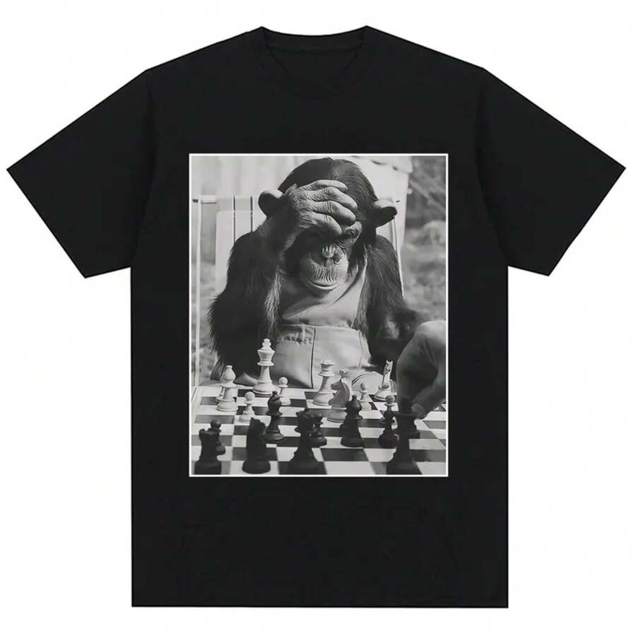 Funny Chimp Playing Chess Meme Graphic TShirts Unisex Women Vintage Humor TShirt Oversized Cozy Cotton